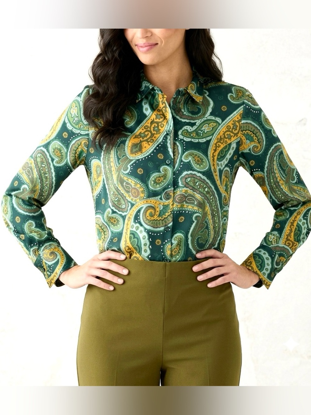 Chelsea & Theodore Paisley Satin Button Down Blouse Large Business Casual Boho - Picture 2 of 6
